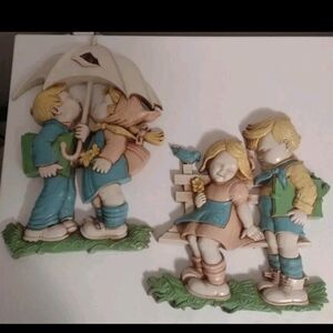 Vintage 1979s syroco homco MCM boy and girl wall plaques nursery child decor
